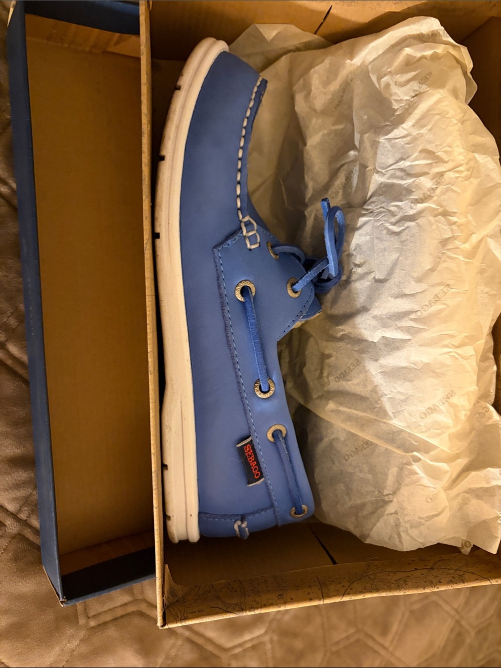 Sebago Blue Leather Men's Boat Shoe with White Sole